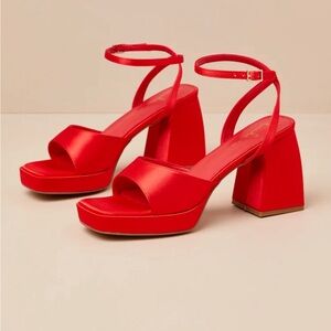 Lulu’s Shirine Red Satin Platform Ankle Strap Heels